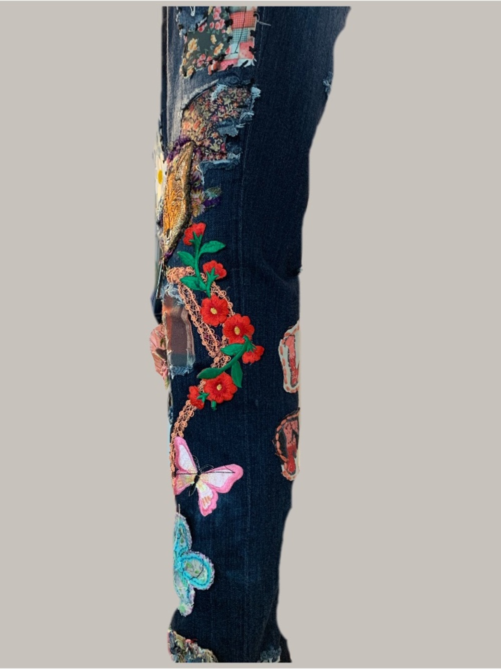 Upcycled Patchwork and Patched Embellished Dark Blue Cigarette Cut Denim Jeans - Picture 9 of 15
